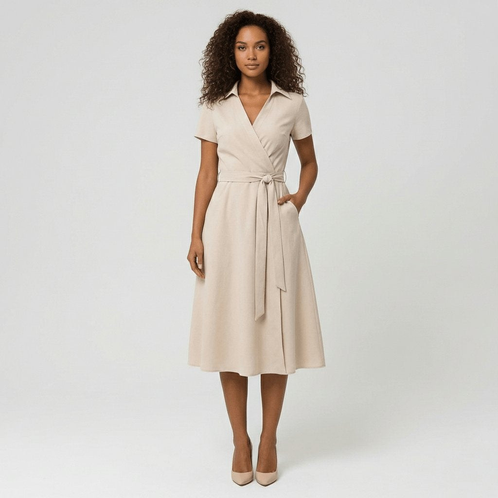 Raquel | Vestido Midi Camisero Cruzado Mujer Cinturón Manga Corta