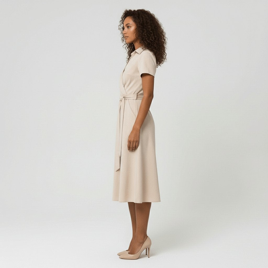 Raquel | Vestido Midi Camisero Cruzado Mujer Cinturón Manga Corta