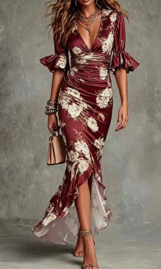 Rebeca | Vestido Lencero Largo Floral Mujer Escote V con Volantes