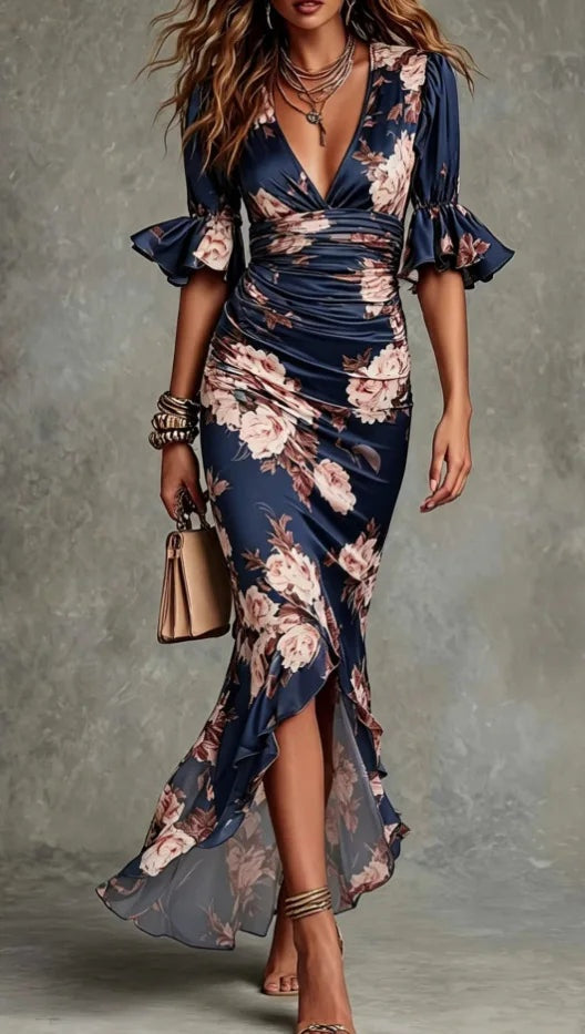 Rebeca | Vestido Lencero Largo Floral Mujer Escote V con Volantes