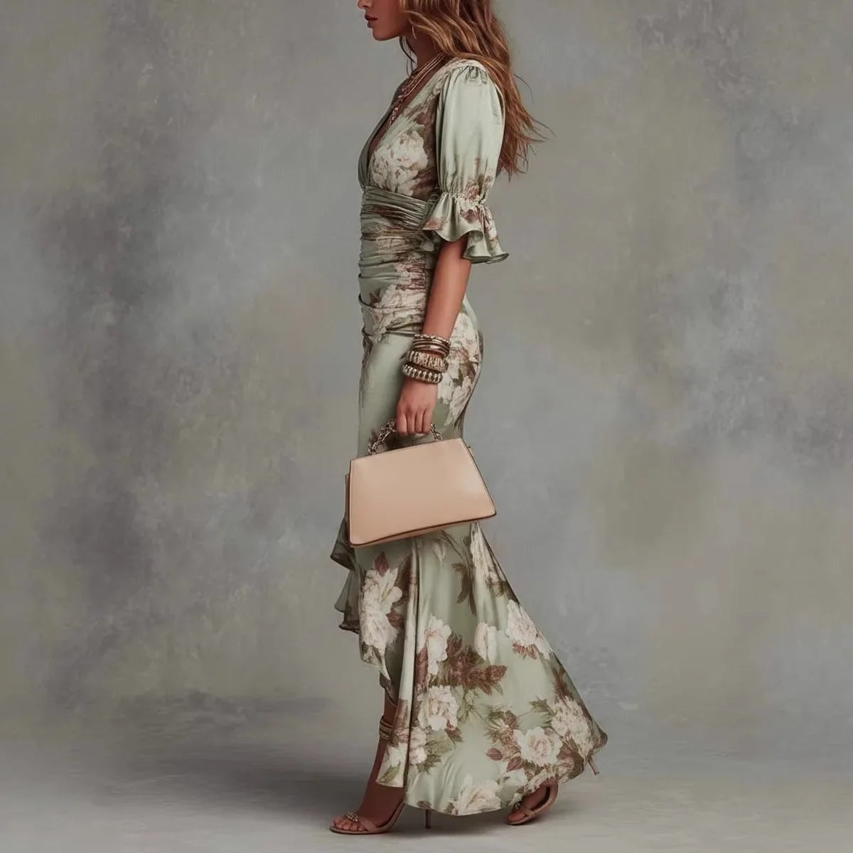 Rebeca | Vestido Lencero Largo Floral Mujer Escote V con Volantes
