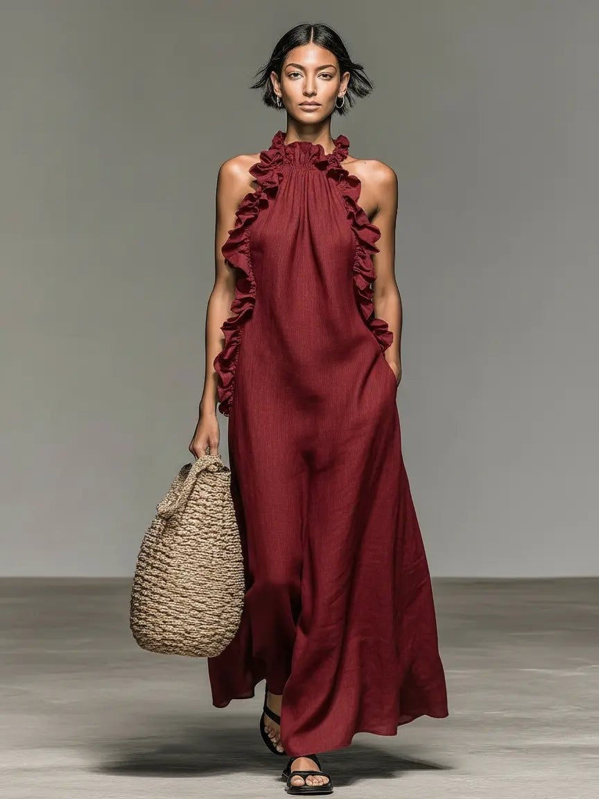 Remedios | Vestido Largo con Volantes Halter Mujer Sin Mangas