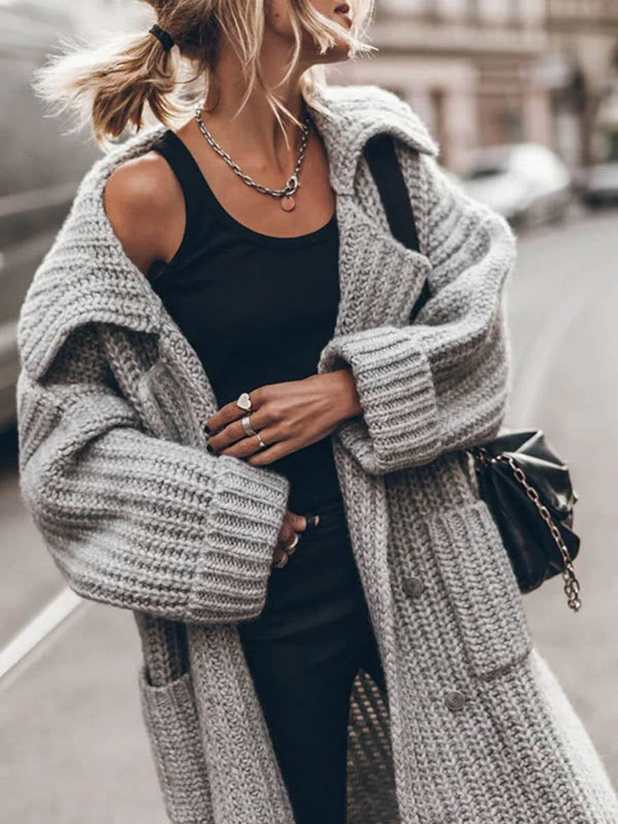 Rocío | Cárdigan Largo Oversize de Punto Grueso Mujer Solapas