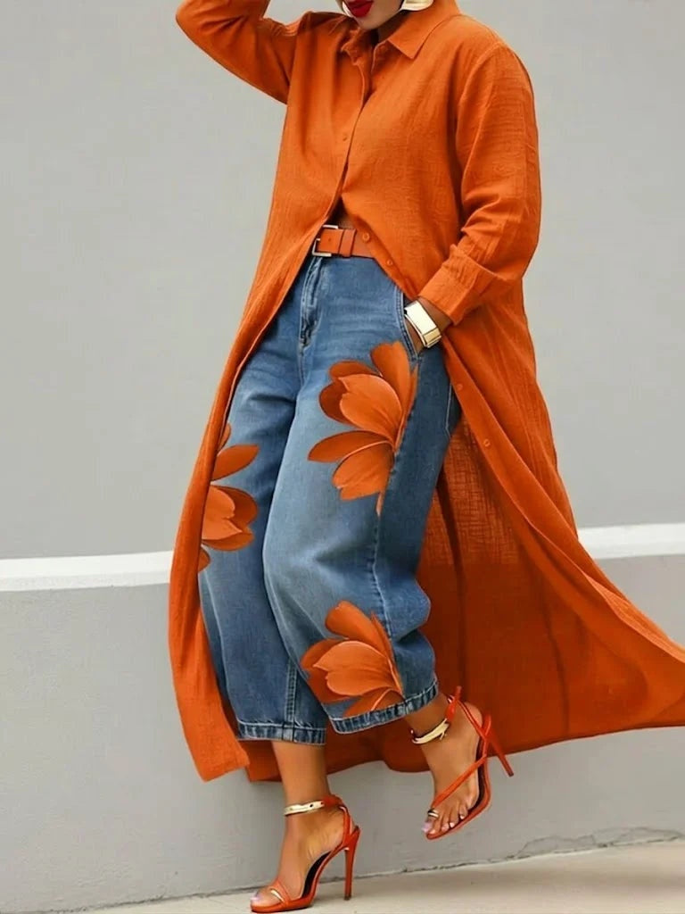 Rocío | Conjunto Camisa Larga y Jeans Florales Mujer Manga Larga