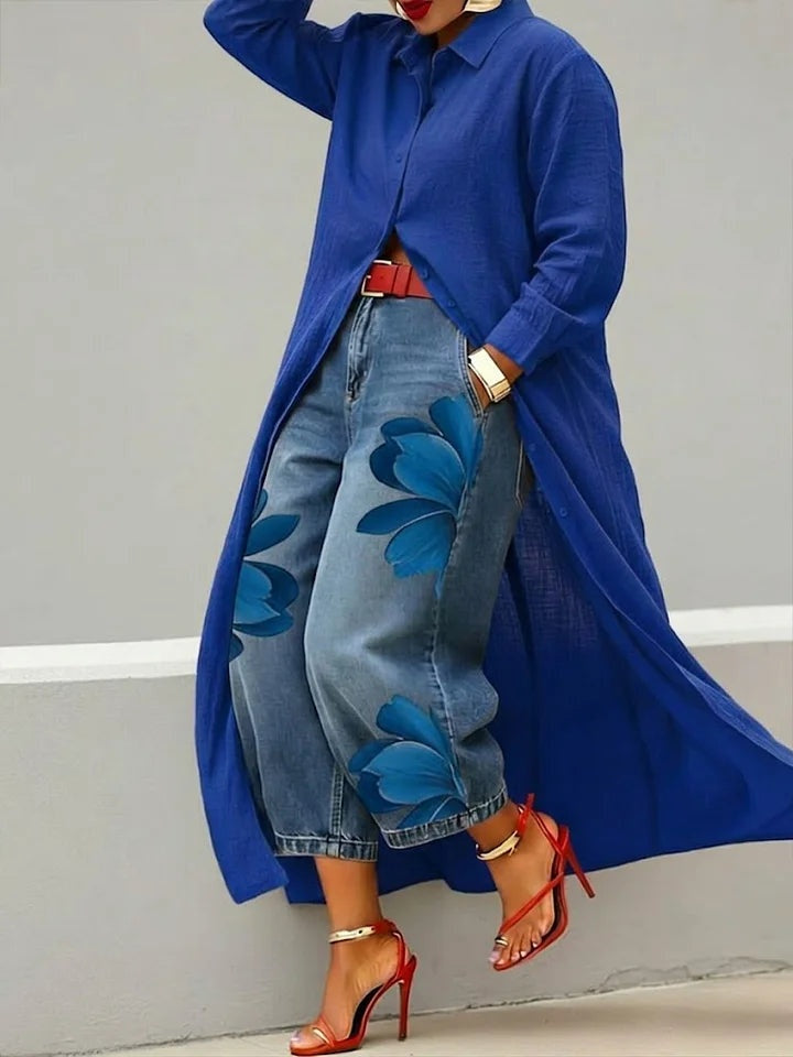 Rocío | Conjunto Camisa Larga y Jeans Florales Mujer Manga Larga