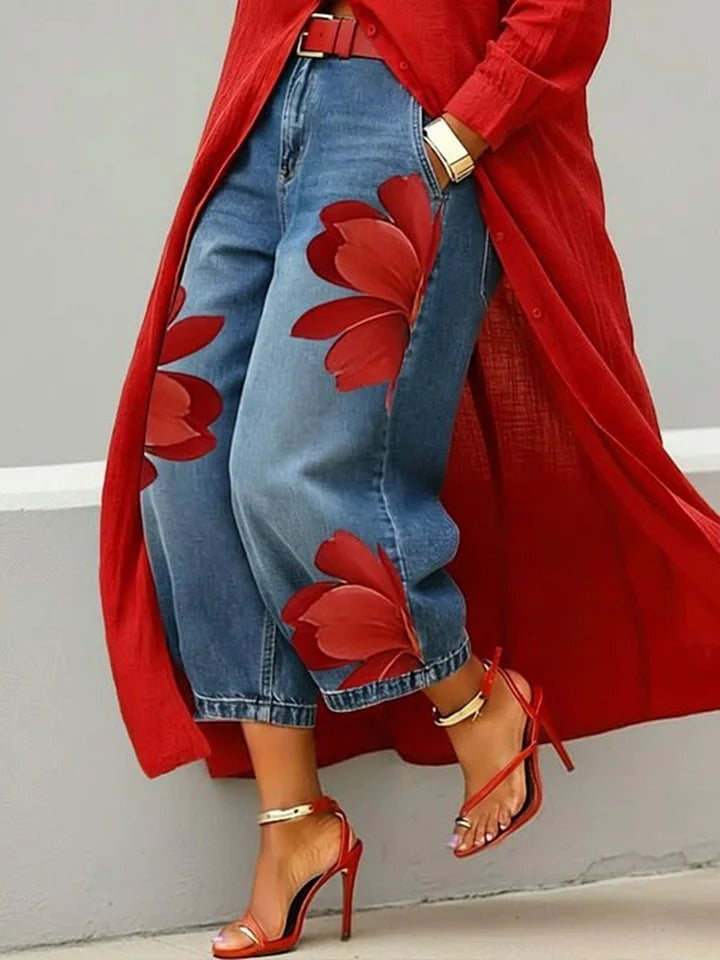 Rocío | Conjunto Camisa Larga y Jeans Florales Mujer Manga Larga