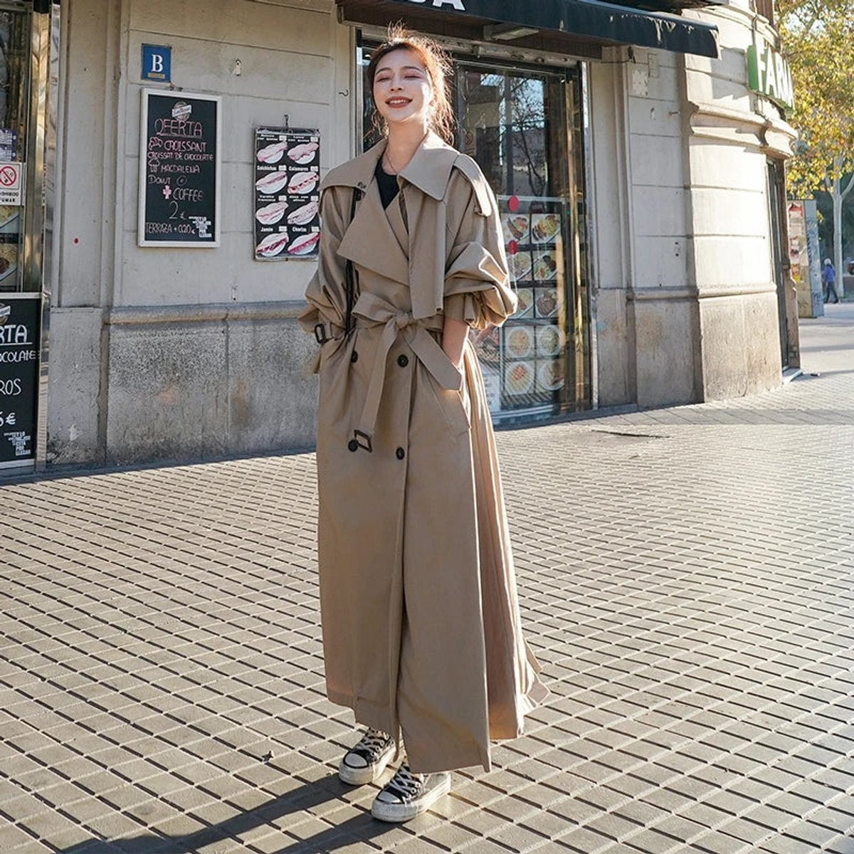 Rocío | Gabardina Larga Oversize Mujer Doble Botonadura con Cinturón