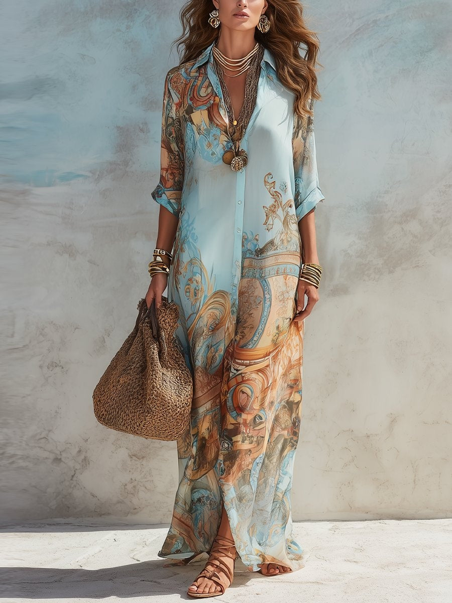 Rocío | Vestido Largo Camisero Estampado Mujer Manga 3/4