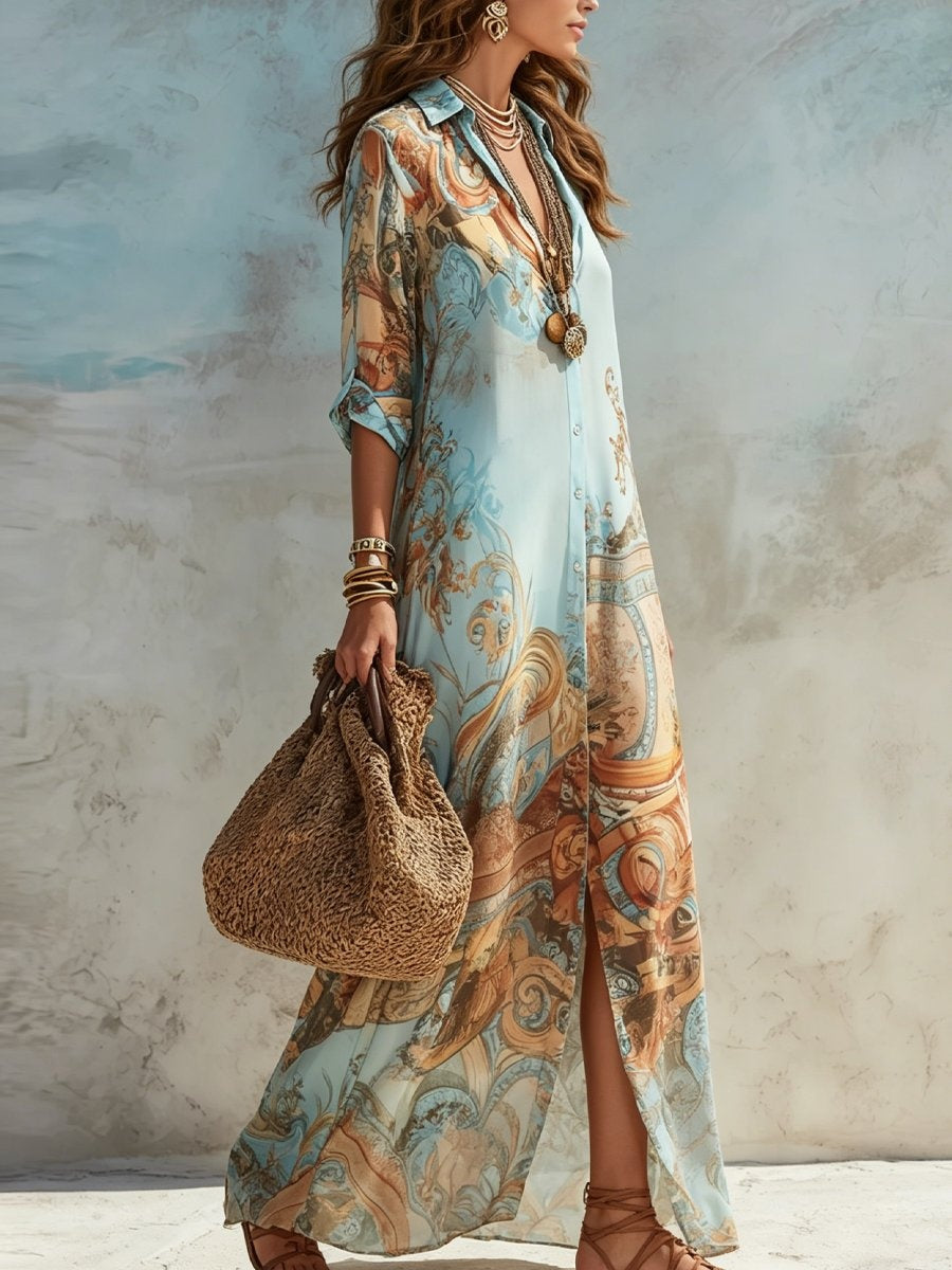 Rocío | Vestido Largo Camisero Estampado Mujer Manga 3/4