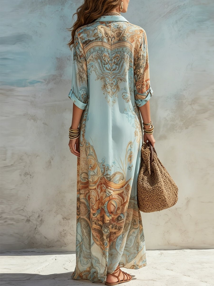 Rocío | Vestido Largo Camisero Estampado Mujer Manga 3/4