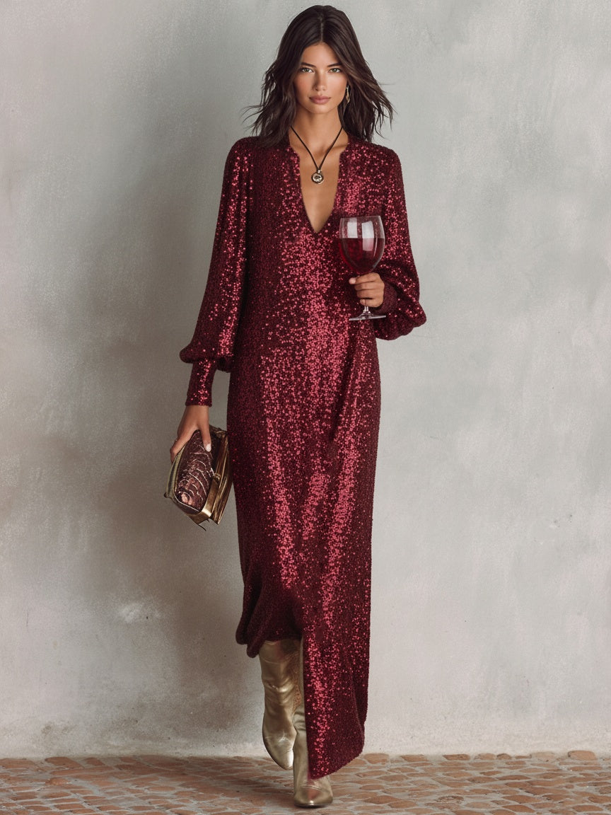 Rocío | Vestido Largo de Lentejuelas de Fiesta Mujer Escote V Manga Larga