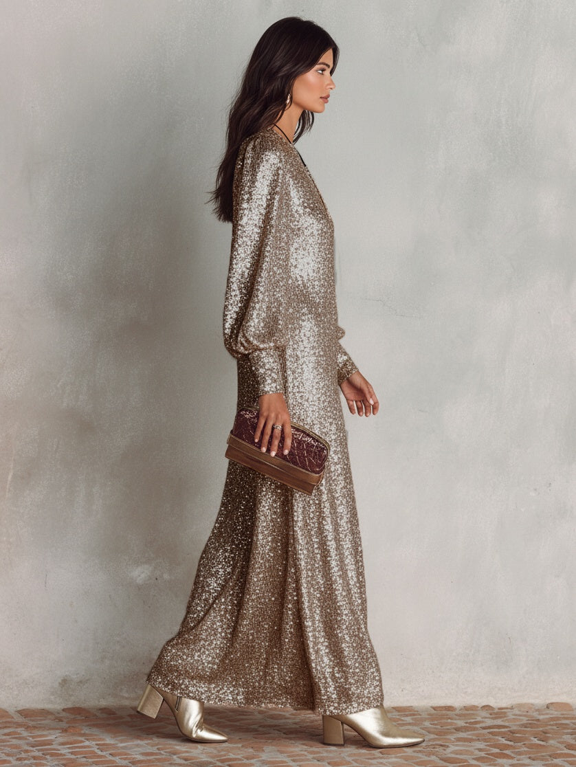 Rocío | Vestido Largo de Lentejuelas de Fiesta Mujer Escote V Manga Larga