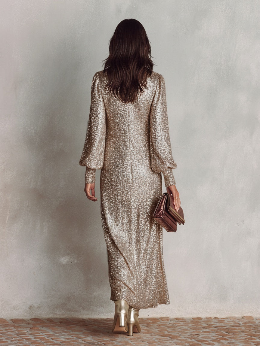 Rocío | Vestido Largo de Lentejuelas de Fiesta Mujer Escote V Manga Larga
