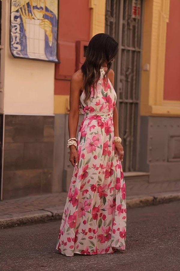 Rocío | Vestido Largo Floral con Espalda Descubierta Mujer Cuello Halter