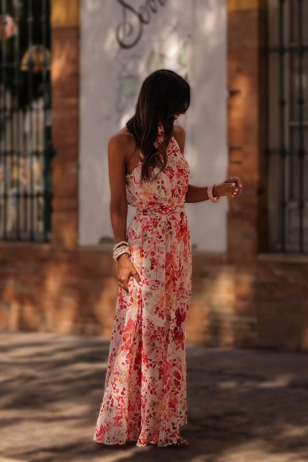 Rocío | Vestido Largo Floral con Espalda Descubierta Mujer Cuello Halter