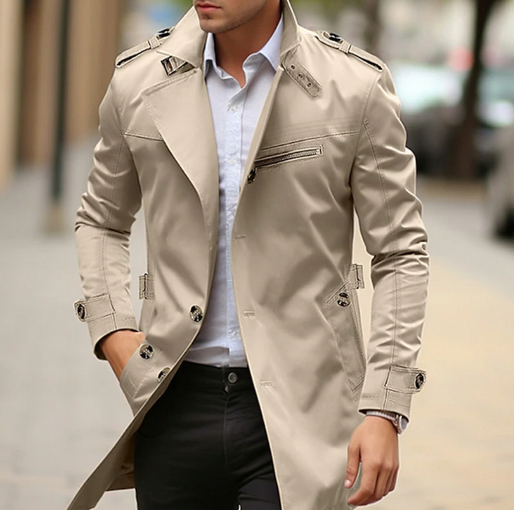Rodrigo | Trench Coat de Manga Larga Hombre Hombreras Bolsillo Cremallera
