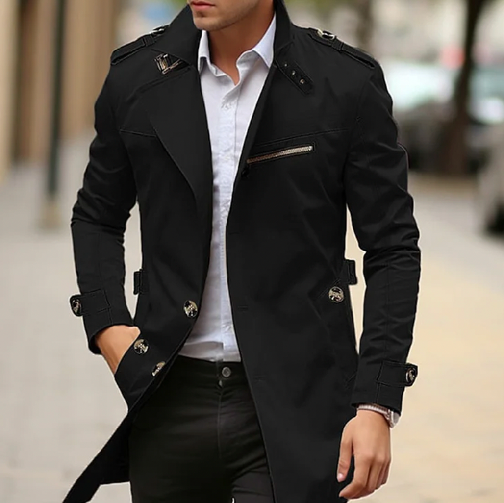 Rodrigo | Trench Coat de Manga Larga Hombre Hombreras Bolsillo Cremallera