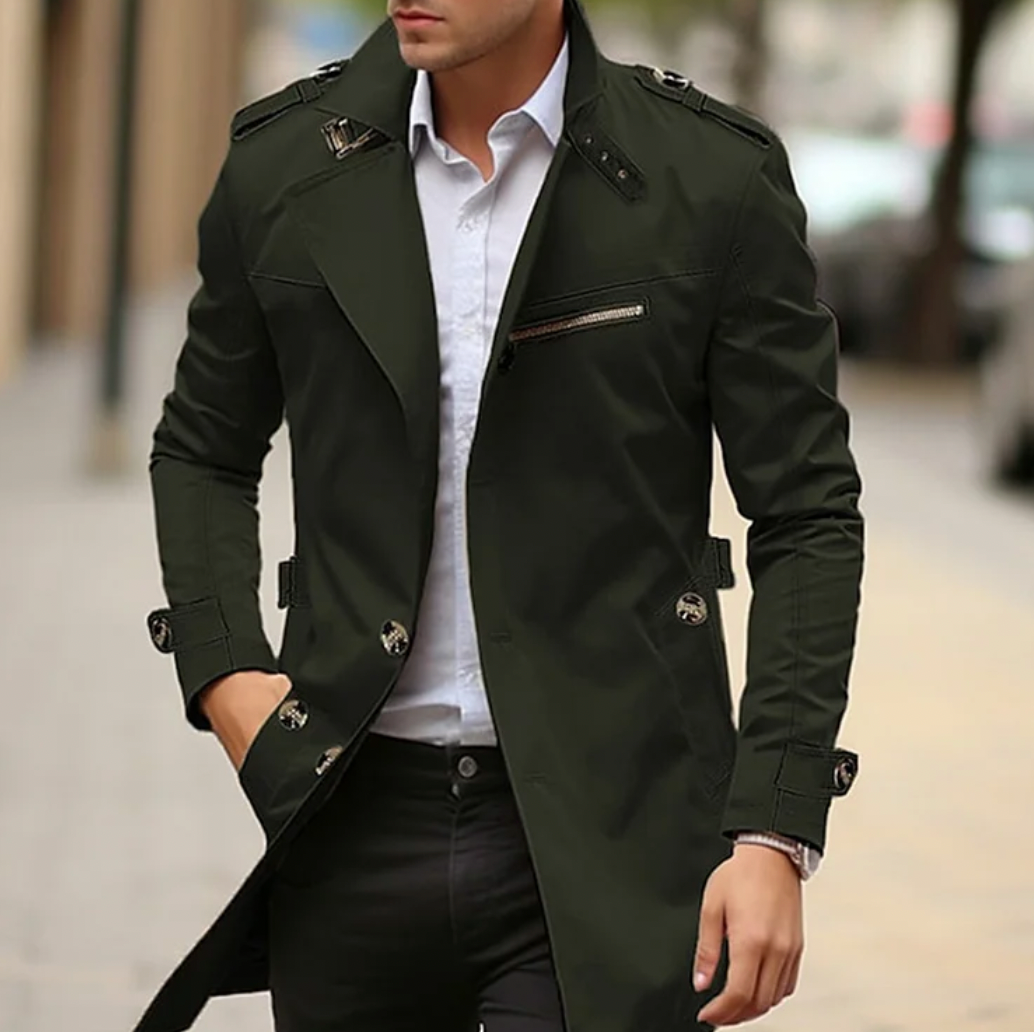 Rodrigo | Trench Coat de Manga Larga Hombre Hombreras Bolsillo Cremallera