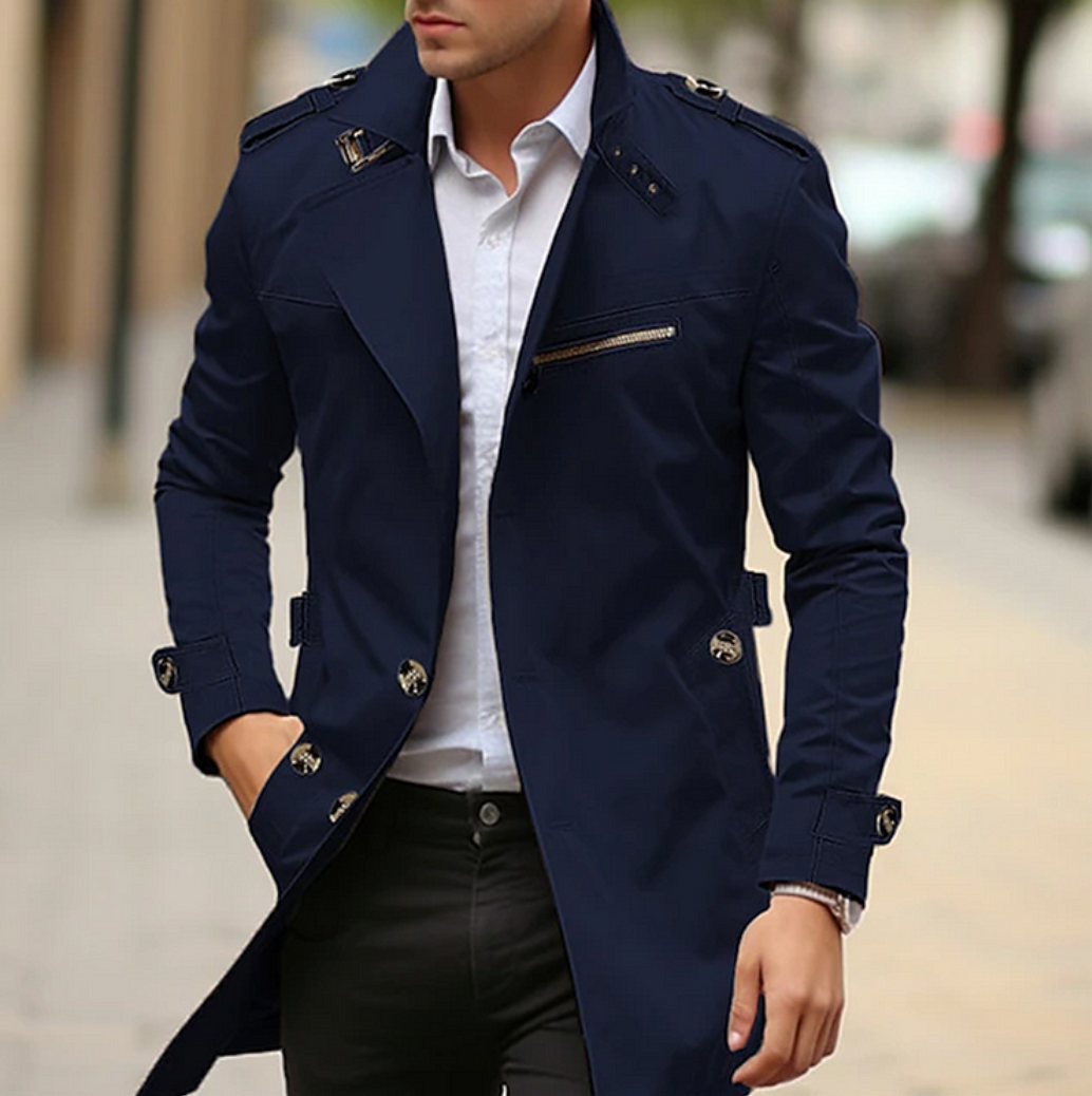 Rodrigo | Trench Coat de Manga Larga Hombre Hombreras Bolsillo Cremallera