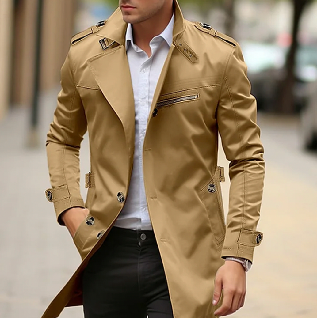 Rodrigo | Trench Coat de Manga Larga Hombre Hombreras Bolsillo Cremallera