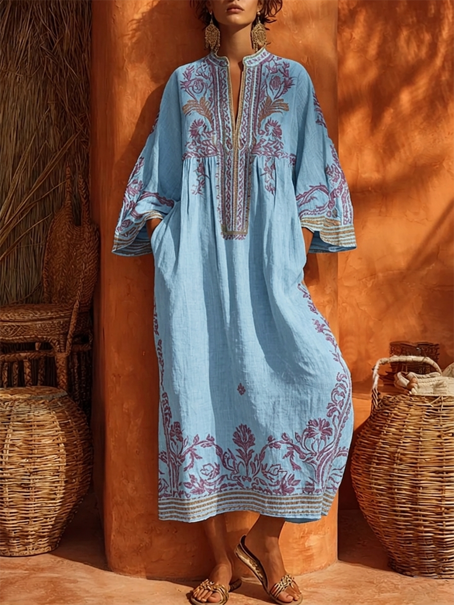 Rosalía | Vestido Largo Bordado Boho Mujer Escote V Manga Larga