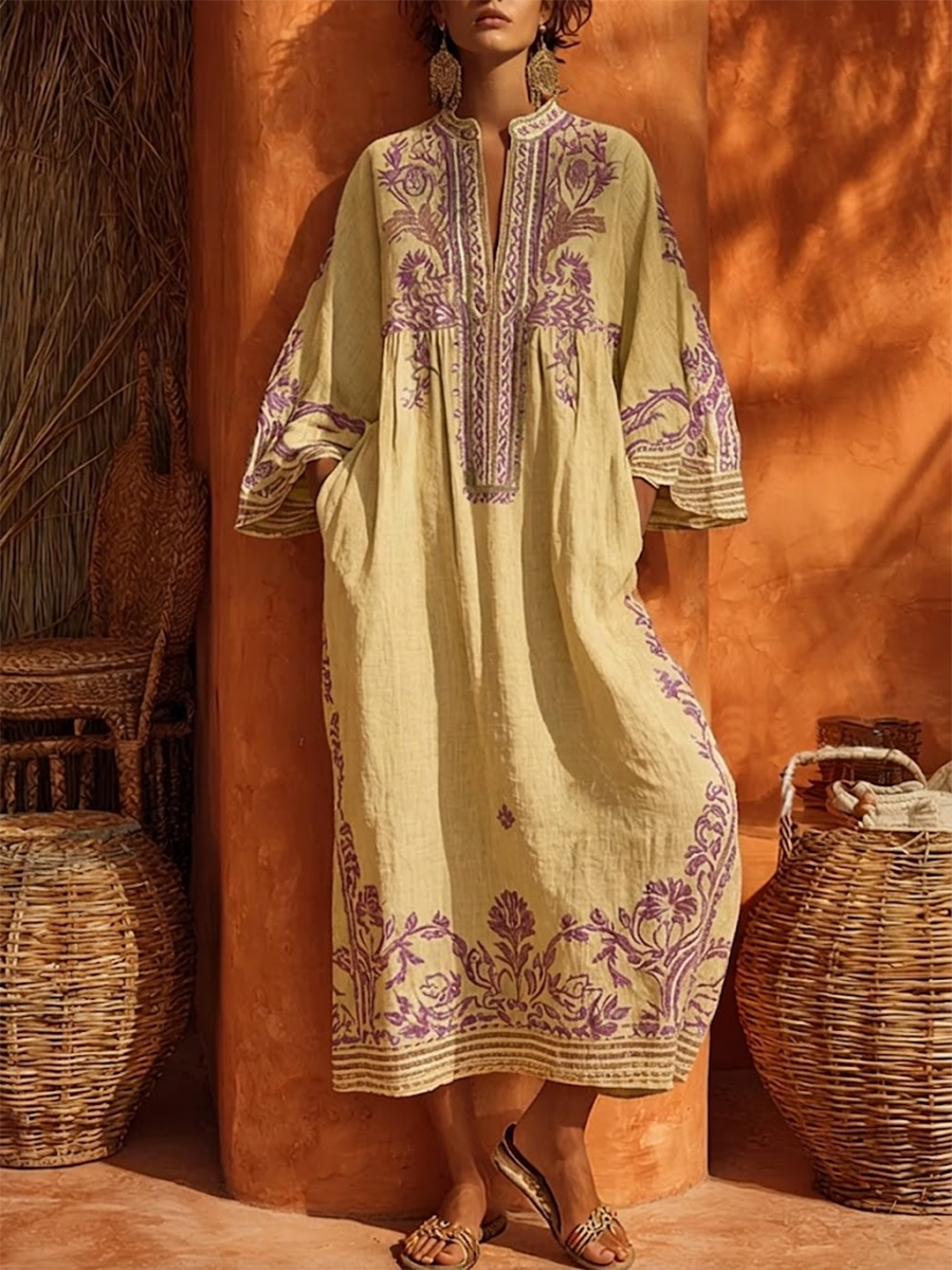 Rosalía | Vestido Largo Bordado Boho Mujer Escote V Manga Larga