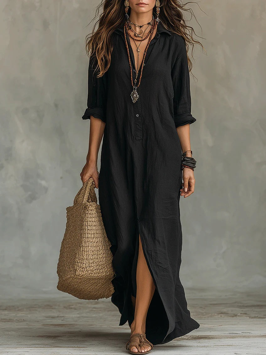 Rosalía | Vestido Largo Camisero de Manga Larga Mujer Escote V