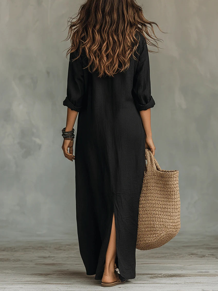 Rosalía | Vestido Largo Camisero de Manga Larga Mujer Escote V