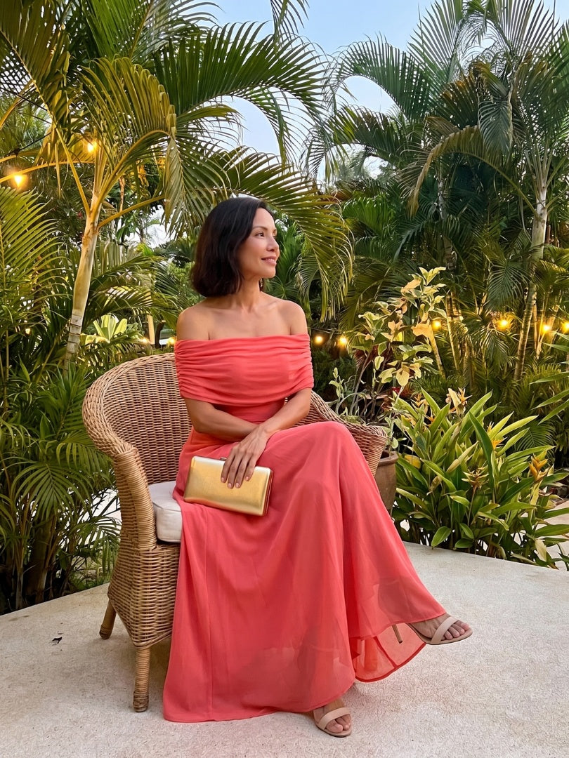 Rosalía | Vestido Midi Hombros Descubiertos Mujer Drapeado