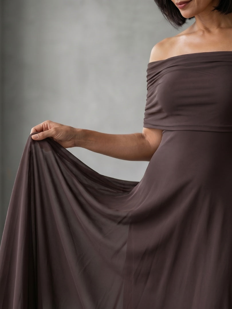 Rosalía | Vestido Midi Hombros Descubiertos Mujer Drapeado