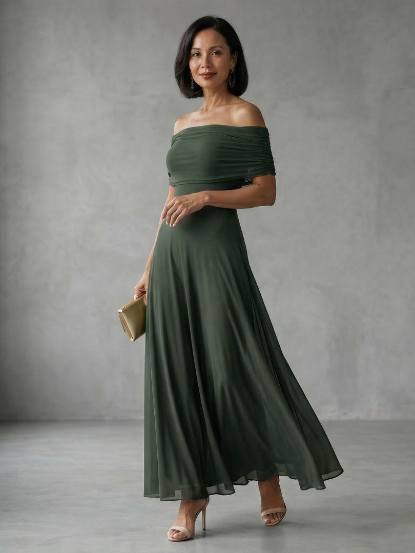 Rosalía | Vestido Midi Hombros Descubiertos Mujer Drapeado