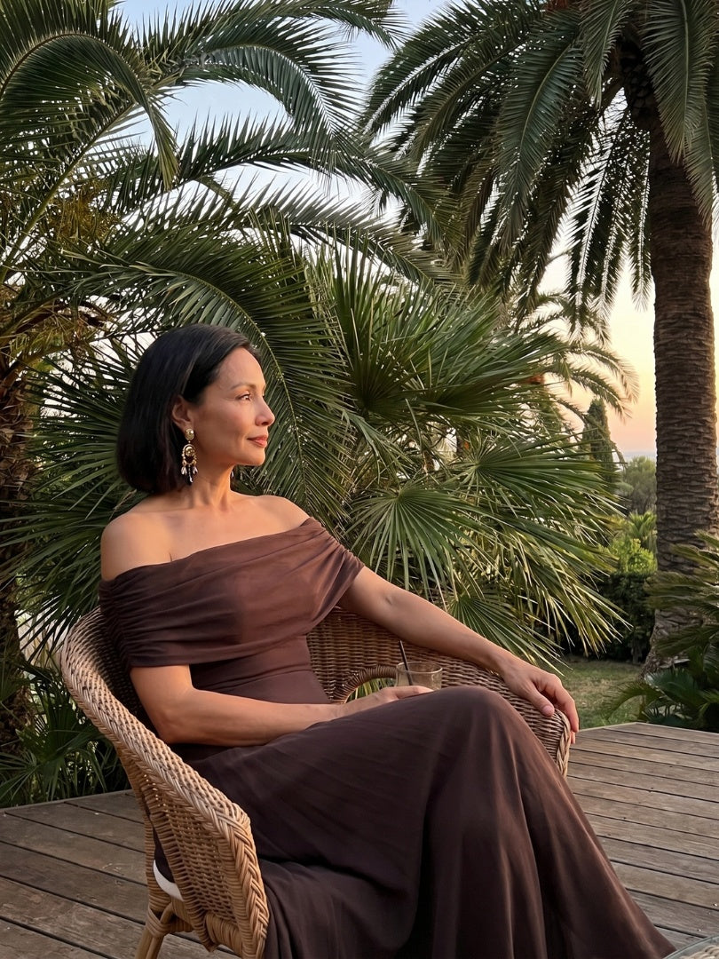 Rosalía | Vestido Midi Hombros Descubiertos Mujer Drapeado