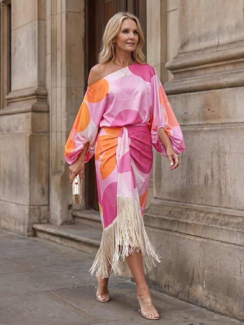 Rosario | Vestido Midi Estampado con Flecos Mujer Escote Off Shoulder