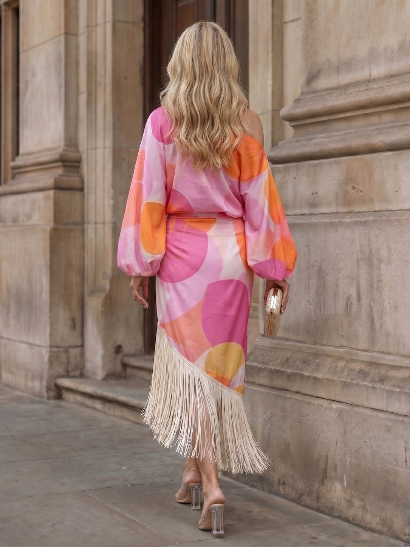 Rosario | Vestido Midi Estampado con Flecos Mujer Escote Off Shoulder