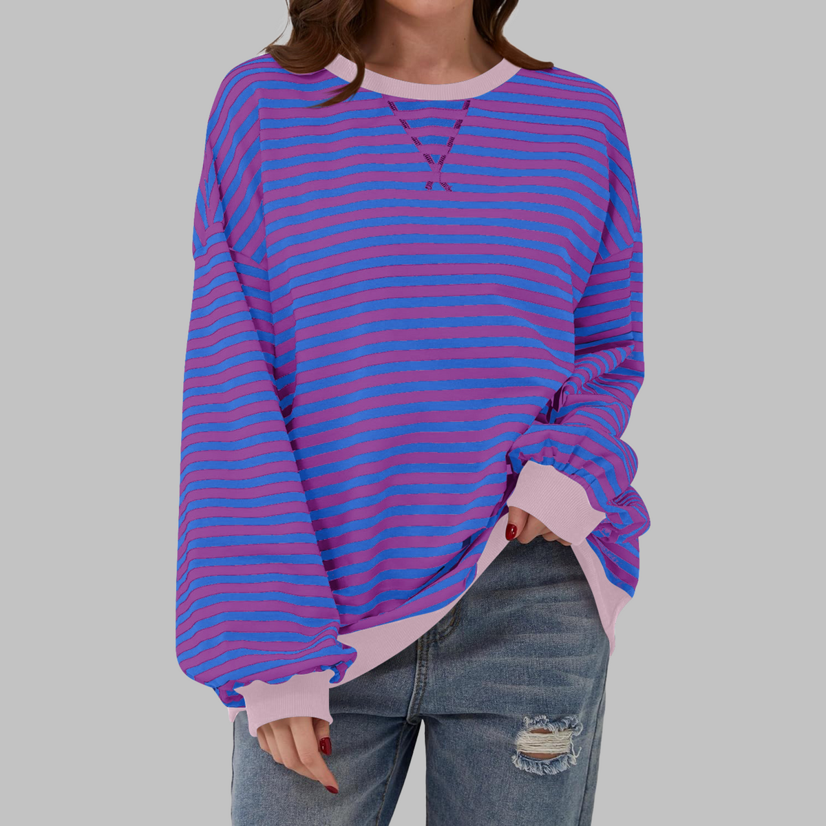 Rubén | Sudadera de Rayas Mujer Manga Larga Cuello Redondo Oversize