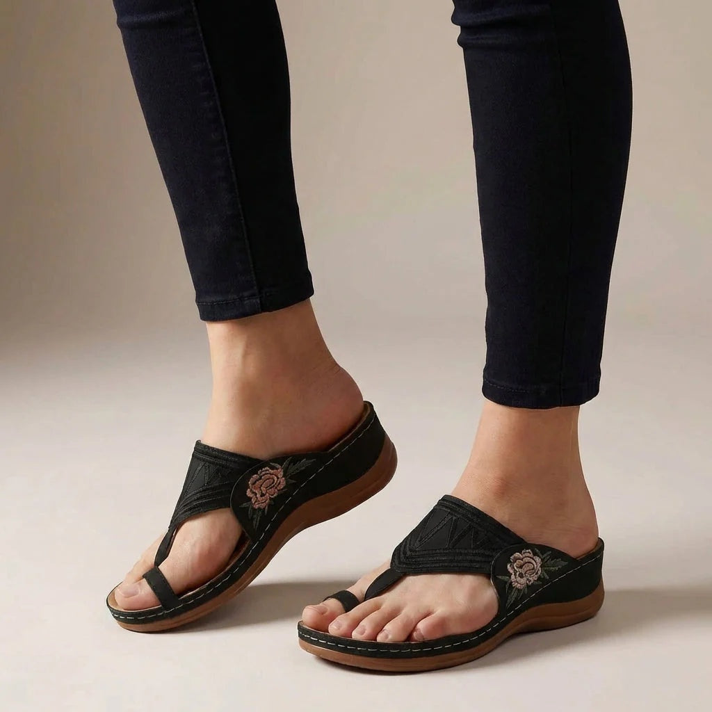 Sandalias de Cuña Bordadas Mujer Tira Entre Dedos