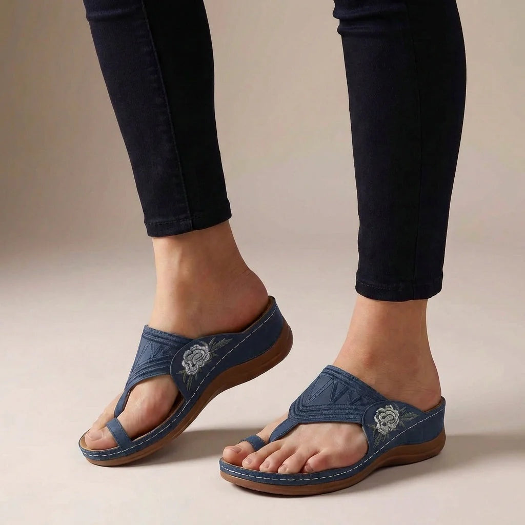 Sandalias de Cuña Bordadas Mujer Tira Entre Dedos