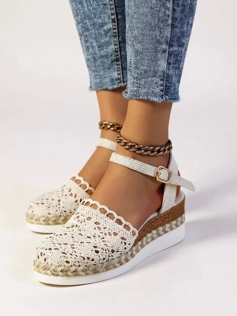 Sandalias de Cuña Tejidas Mujer Hebilla Ajustable