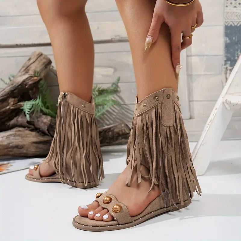 Sandalias de Flecos con Tachuelas Mujer Cremallera Tobillo