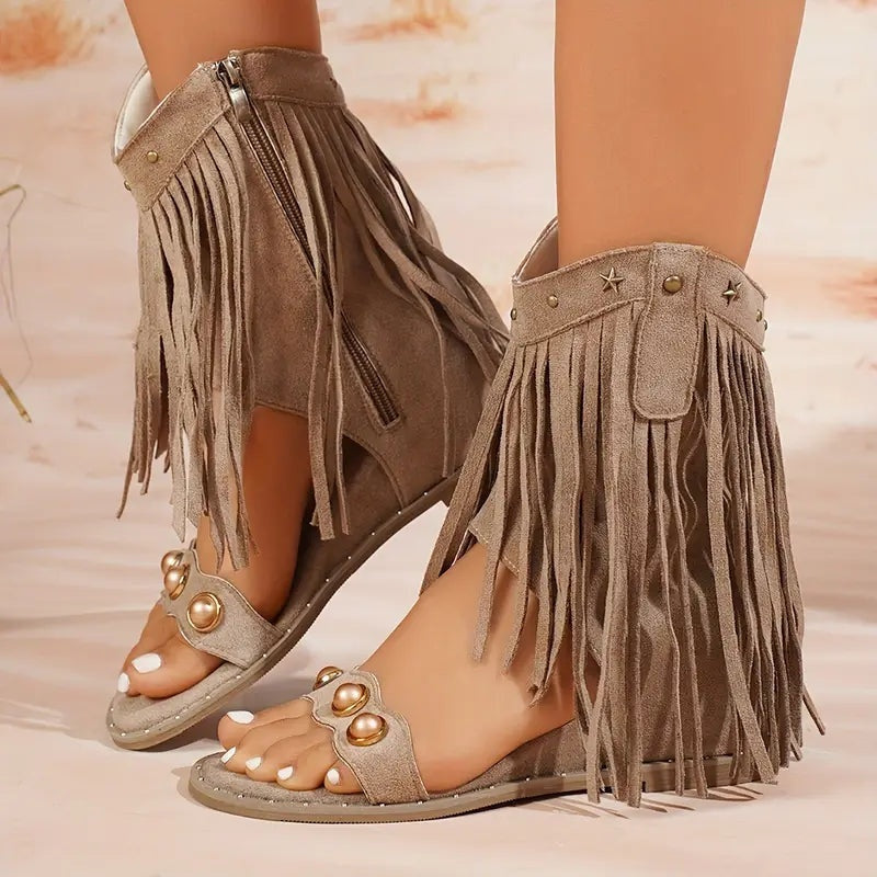 Sandalias de Flecos con Tachuelas Mujer Cremallera Tobillo