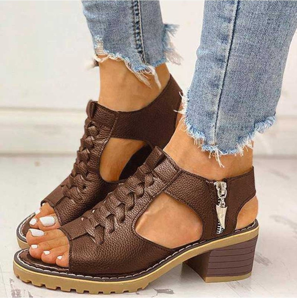 Sandalias de Tacón Cuadrado con Cordones Mujer