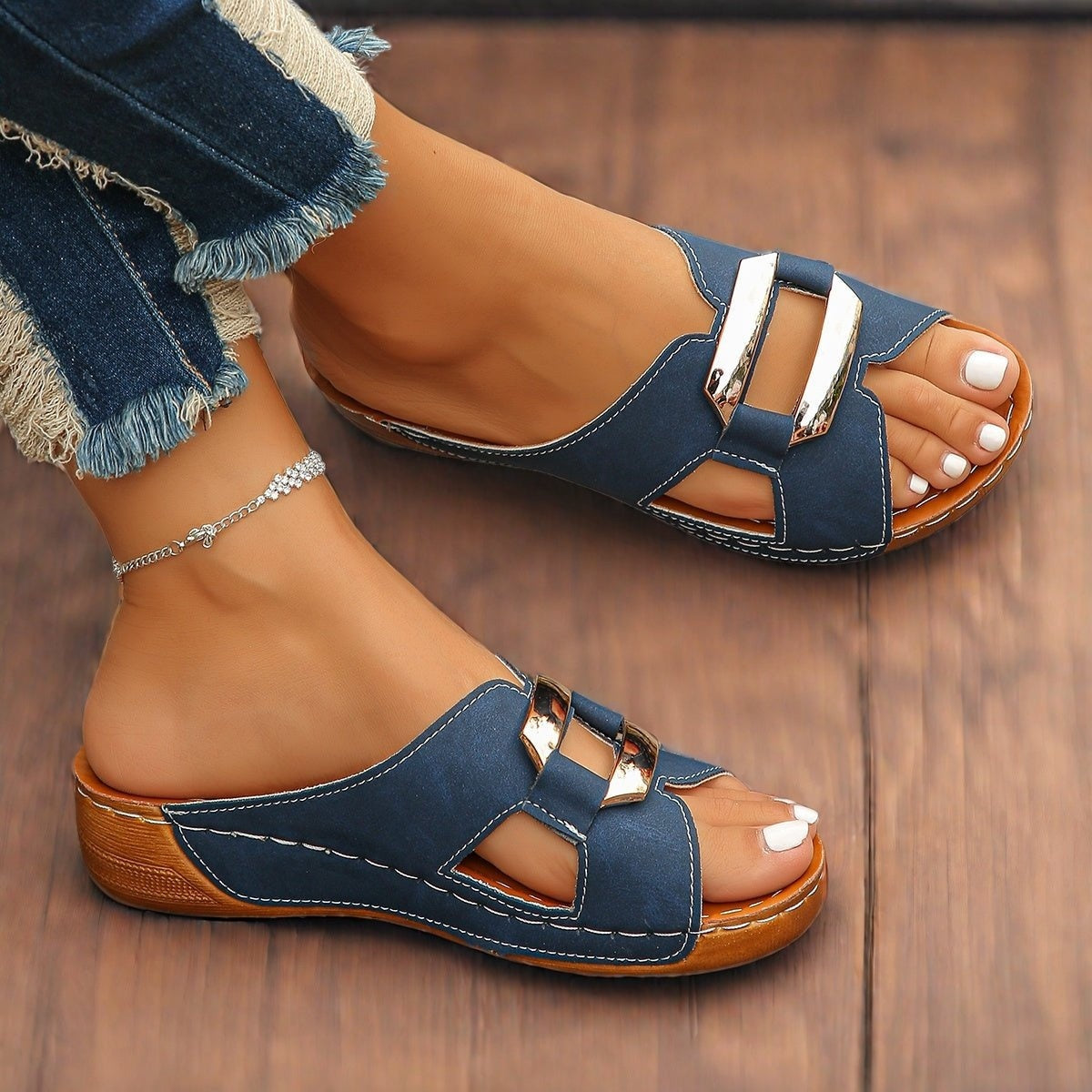 Sandalias Planas con Hebilla Metálica Mujer Plataforma