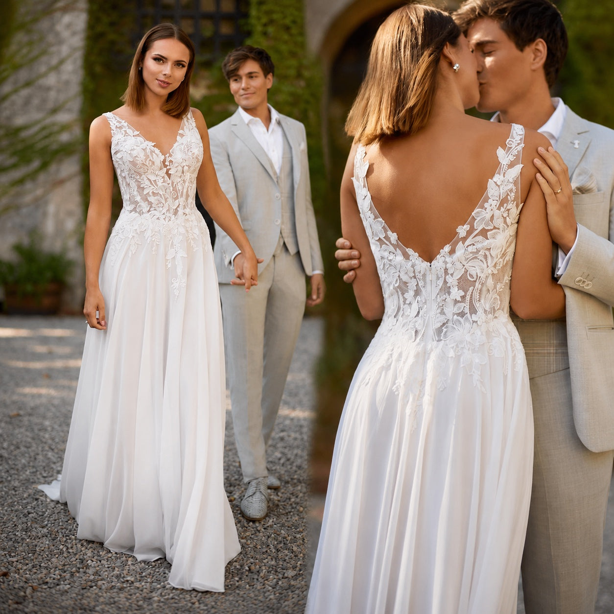 Sofía | Vestido de Novia Boho Mujer Encaje Escote V Sin Mangas