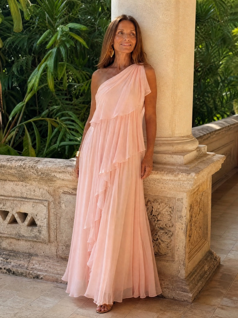 Soledad | Vestido de Invitada Invierno con Volantes Mujer Un Hombro