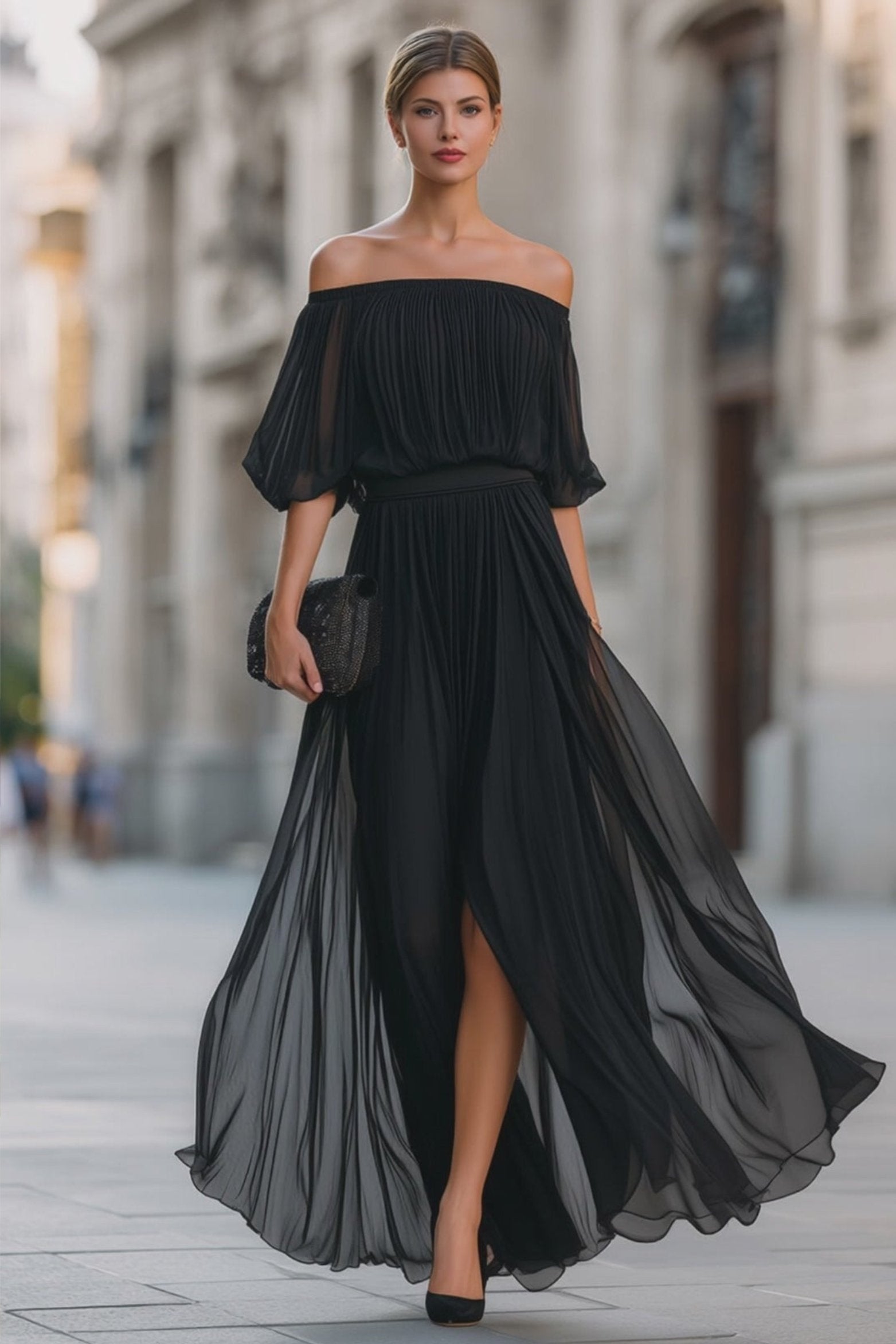 Soledad | Vestido Largo de Gala Mujer Hombros Descubiertos Plisado