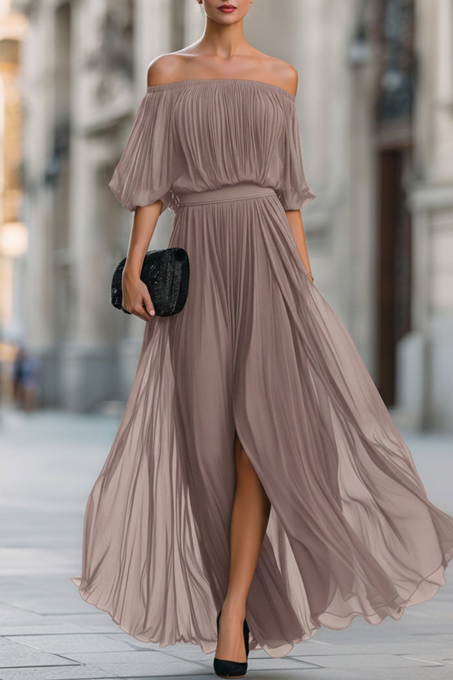 Soledad | Vestido Largo de Gala Mujer Hombros Descubiertos Plisado