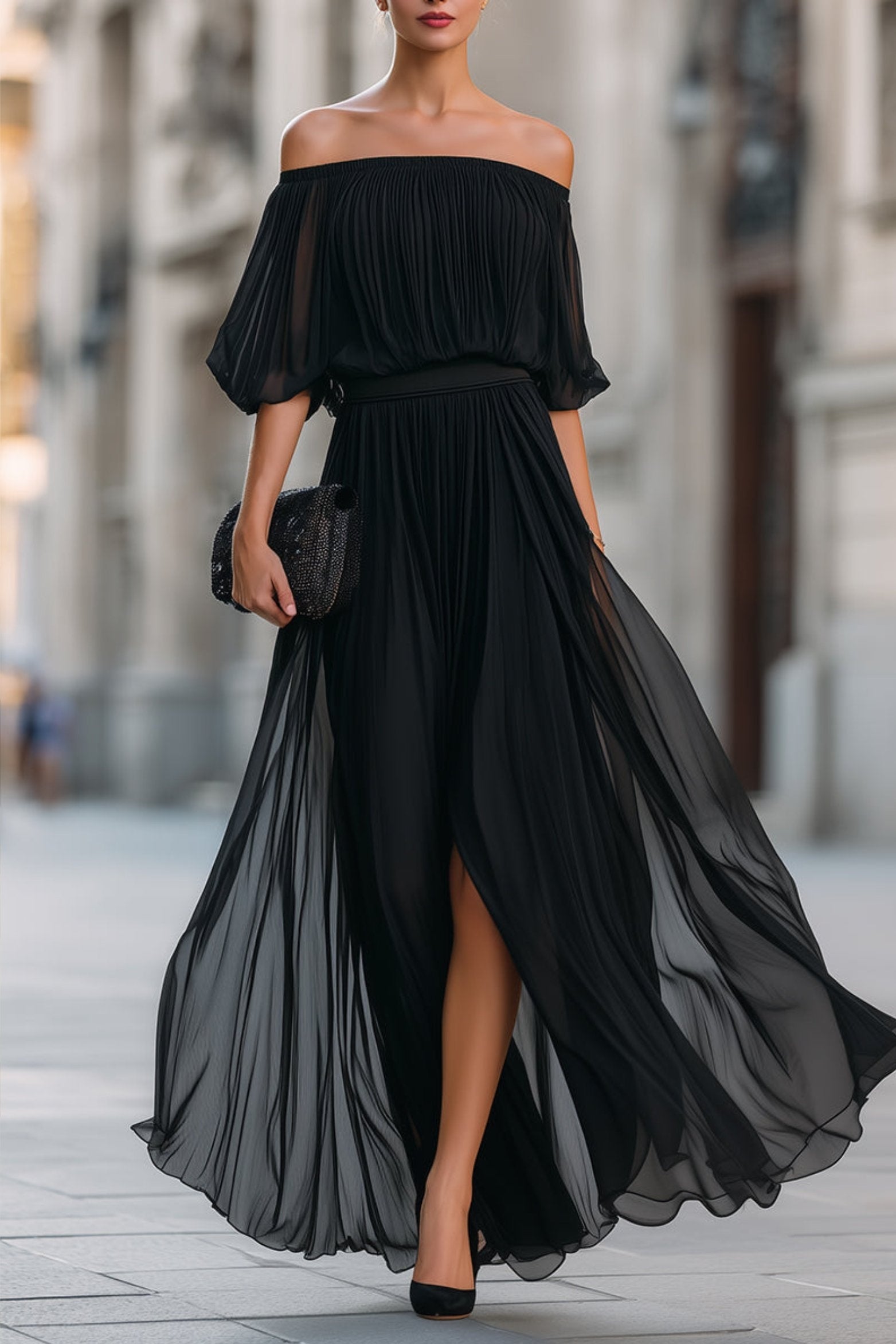 Soledad | Vestido Largo de Gala Mujer Hombros Descubiertos Plisado