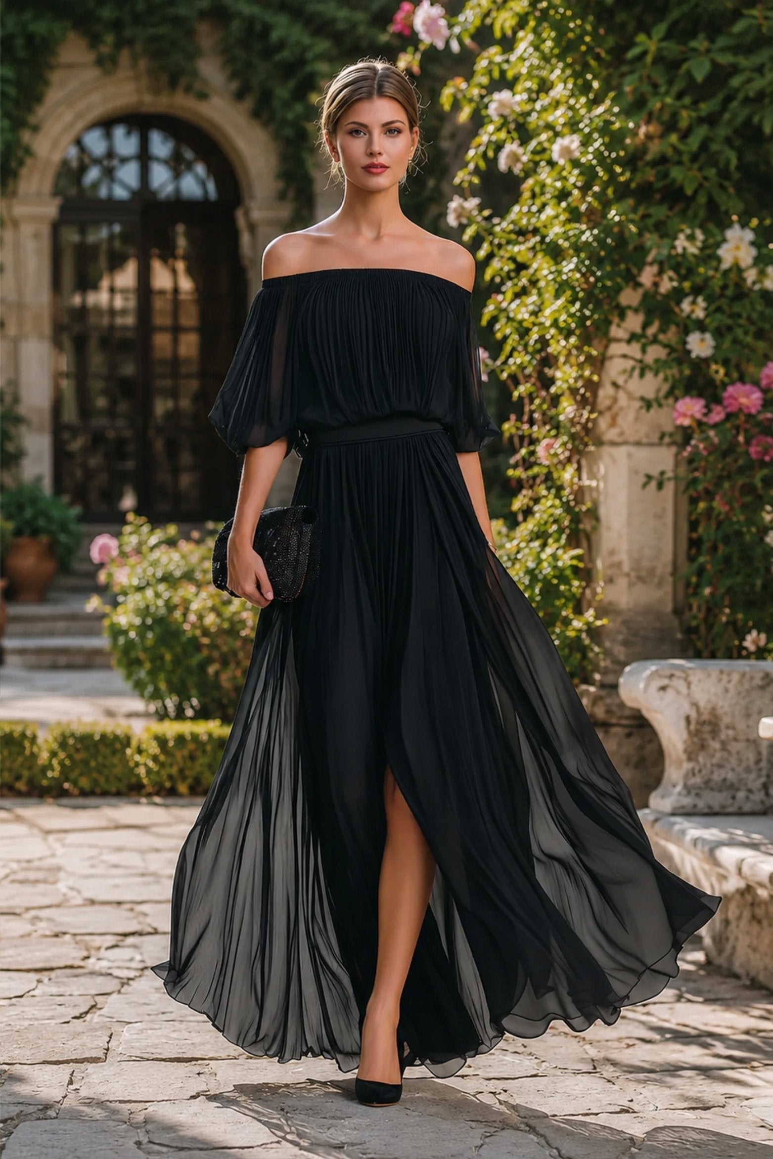 Soledad | Vestido Largo de Gala Mujer Hombros Descubiertos Plisado