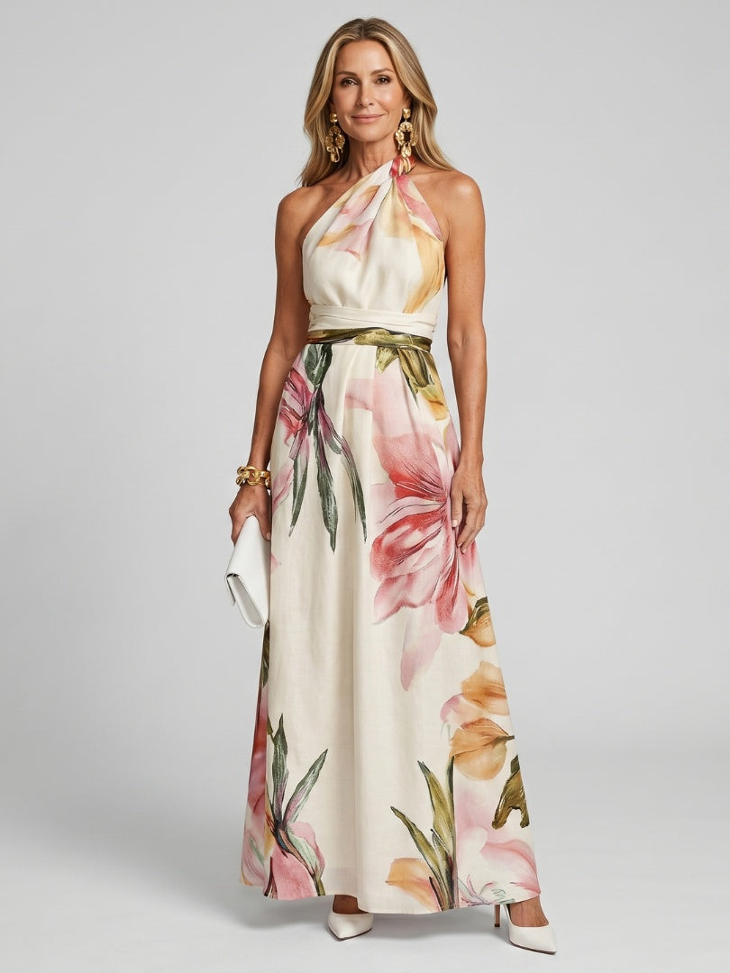 Soledad | Vestido Largo de Graduación Estampado Floral Mujer Cuello Halter
