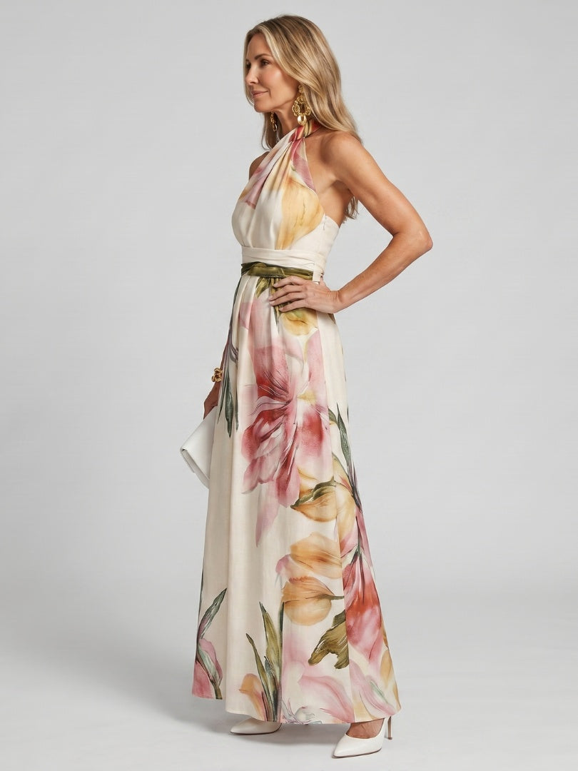 Soledad | Vestido Largo de Graduación Estampado Floral Mujer Cuello Halter